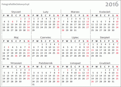 Kalendarz 2016 - roczny na całą stronę