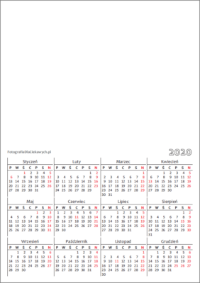 Kalendarz 2020 do wydrukowania - układ roczny, pionowy