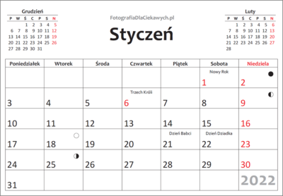 Kalendarz 2022 - pdf do druku, miesiące, święta - poziomy