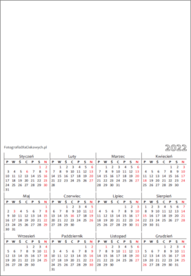Kalendarz 2022 - pdf do druku, roczny - pionowy
