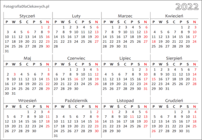 Kalendarz 2022 - pdf do druku, roczny - poziomy
