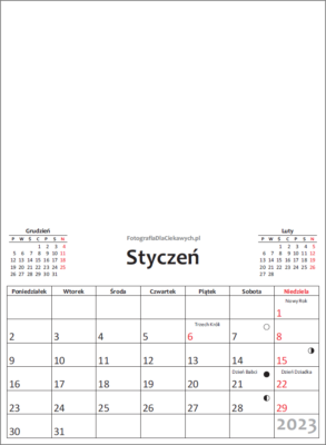 Kalendarz 2023 do druku - pdf - roczny, pionowy, miesiące