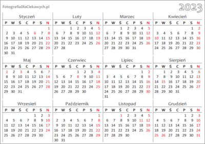 Kalendarz 2023 do druku - pdf - roczny, poziomy