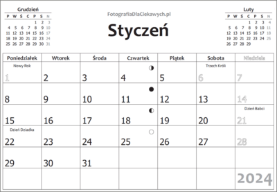 Kalendarz w układzie poziomym na całą stronę: święta, fazy księżyca, czytelna czcionka cyfr, dni tygodnia, kalendaria miesięczne, rok 2024. Wersja czarno-biała.