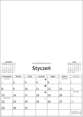 Kalendaria miesięczne 2024 w wersji czarno-białej.