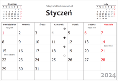 Kalendarz w układzie poziomym na całą stronę: święta, fazy księżyca, czytelna czcionka cyfr, dni tygodnia, kalendaria miesięczne, rok 2024. Kolor