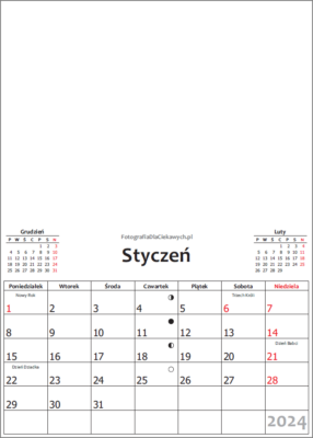Kalendarz 2024 do druku - pdf - roczny, pionowy, miesiące