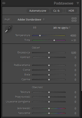 Adobe Lightroom - podstawowe suwaki