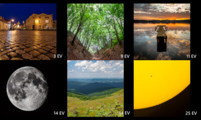 Przykładowe jasności fotografowanej sceny wyrażone w EV.