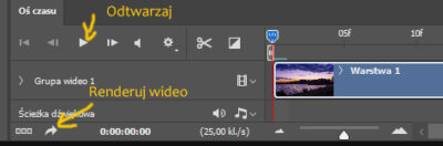 Okno "Oś czasu" z przyciskami do odtwarzania i renderowania nagrania.