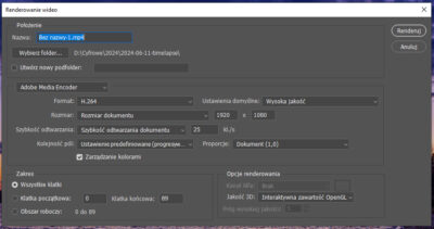 Okno z parametrami renderowanego wideo.
