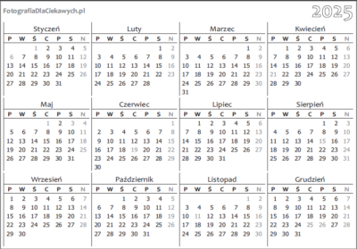 Kalendarz 2025 do druku i edycji - kalendarium roczne