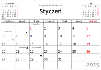 Kalendarz 2025 do druku i edycji za darmo - kolor, kalendarium miesięczne