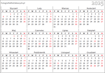 Kalendarz 2025 do druku i edycji za darmo - kolor, kalendarium roczne