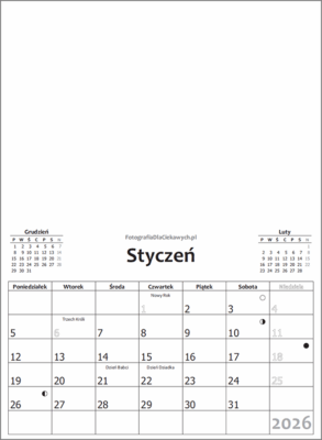 Kalendarz 2026 - pionowy, czarno-biały, układ miesięczny