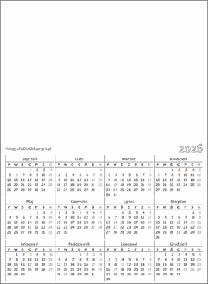 Kalendarz 2026 - pionowy, czarno-biały, układ roczny