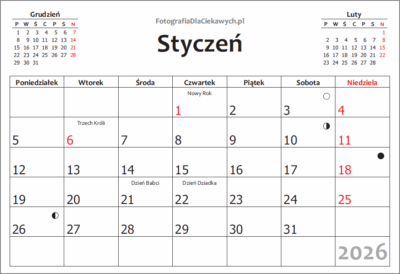 Kalendarz 2026 do druku i edycji za darmo - kolor, kalendarium miesięczne