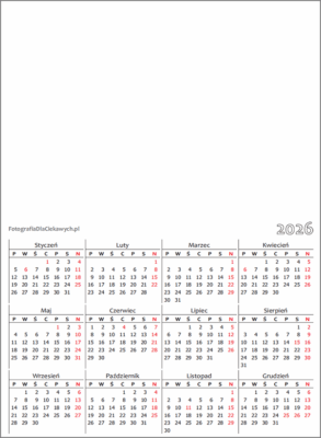 Kalendarz 2026 - pionowy, kolor, układ roczny