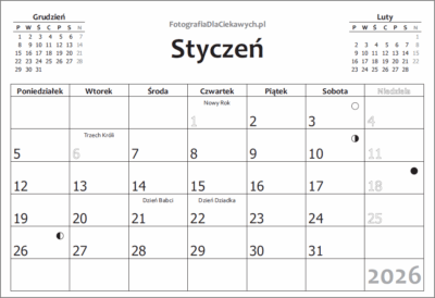 Kalendarz 2026 do druku i edycji - kalendarium miesięczne